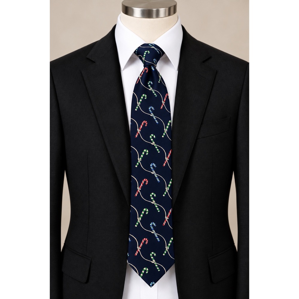 Holidays Silk Necktie Mens Navy Blue Candy Cane Christmas Vintage 90s Preppy